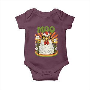 Retro Moo Chicken Wearing Sunglasses Graphic Baby Onesie Funny Groovy Farm Animal Pun Vintage Sunburst TS02 Maroon Print Your Wear