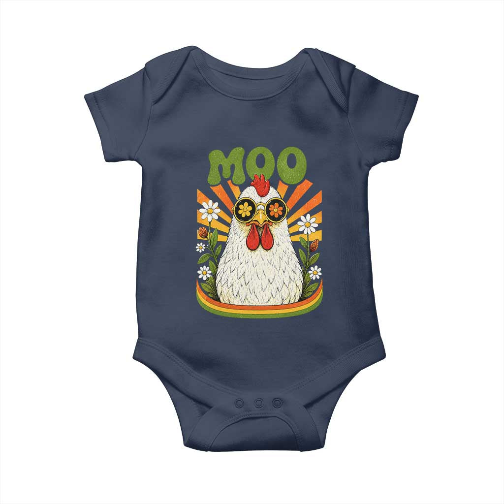 Retro Moo Chicken Wearing Sunglasses Graphic Baby Onesie Funny Groovy Farm Animal Pun Vintage Sunburst TS02 Navy Print Your Wear