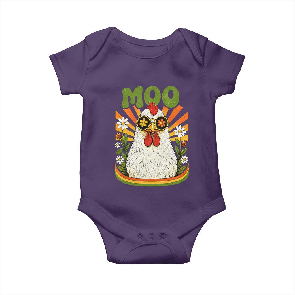 Retro Moo Chicken Wearing Sunglasses Graphic Baby Onesie Funny Groovy Farm Animal Pun Vintage Sunburst TS02 Purple Print Your Wear