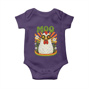 Retro Moo Chicken Wearing Sunglasses Graphic Baby Onesie Funny Groovy Farm Animal Pun Vintage Sunburst TS02 Purple Print Your Wear