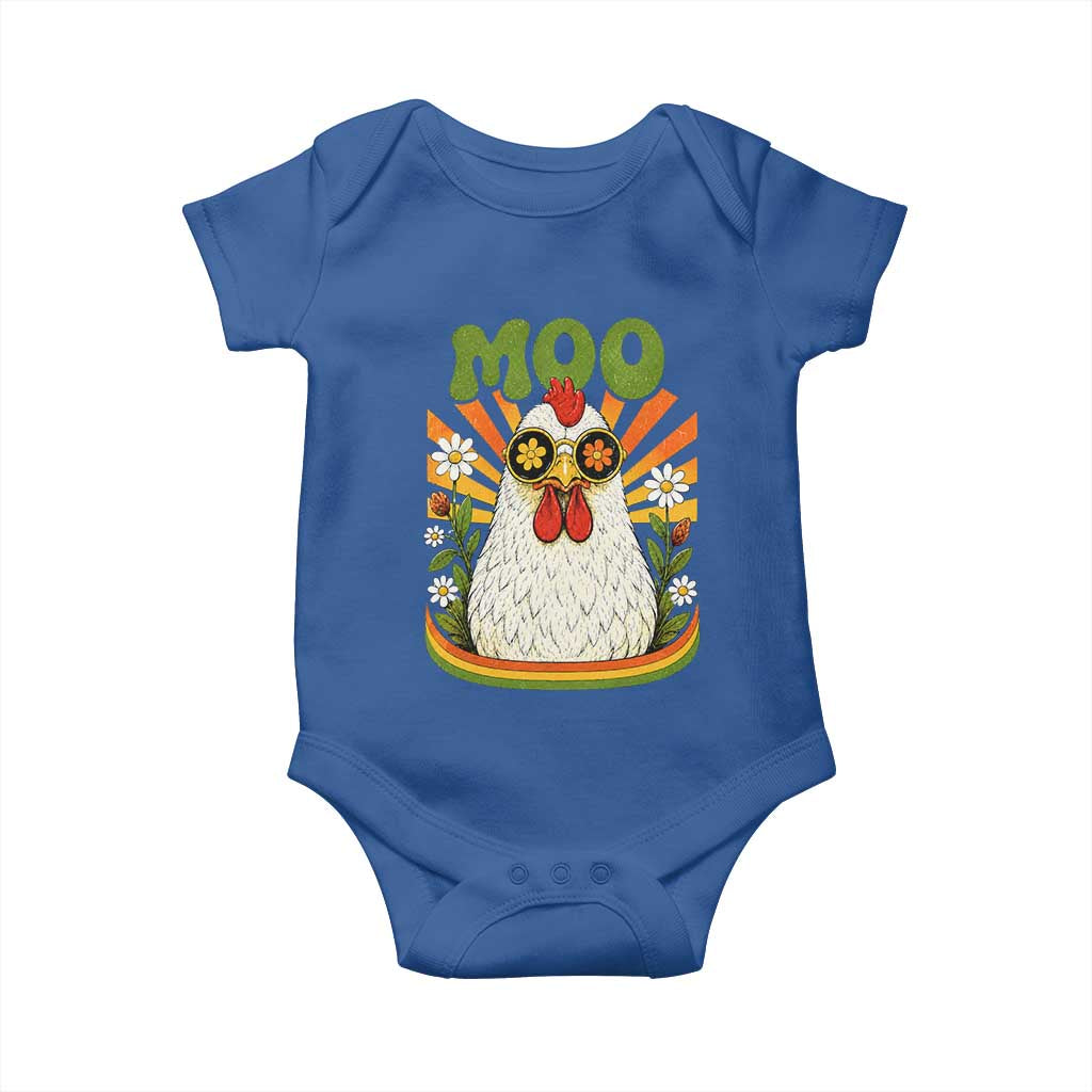 Retro Moo Chicken Wearing Sunglasses Graphic Baby Onesie Funny Groovy Farm Animal Pun Vintage Sunburst TS02 Royal Blue Print Your Wear
