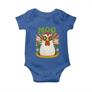 Retro Moo Chicken Wearing Sunglasses Graphic Baby Onesie Funny Groovy Farm Animal Pun Vintage Sunburst TS02 Royal Blue Print Your Wear