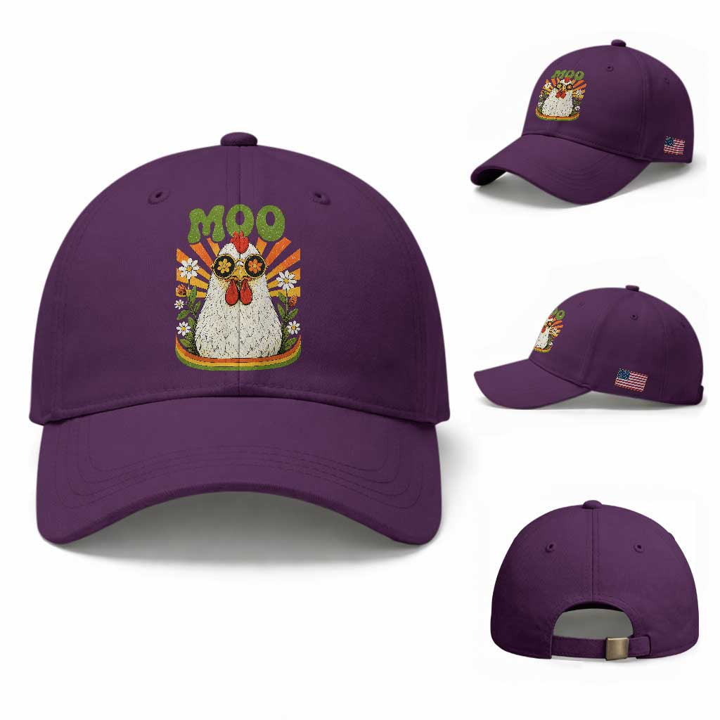 Retro Moo Chicken Wearing Sunglasses Graphic Baseball Cap Funny Groovy Farm Animal Pun Vintage Sunburst TS02 Baseball Cap Universal Fit Purple Print Your Wear