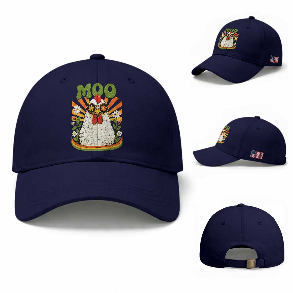 Retro Moo Chicken Wearing Sunglasses Graphic Baseball Cap Funny Groovy Farm Animal Pun Vintage Sunburst TS02 Baseball Cap Universal Fit Dark Blue Print Your Wear