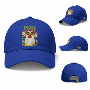 Retro Moo Chicken Wearing Sunglasses Graphic Baseball Cap Funny Groovy Farm Animal Pun Vintage Sunburst TS02 Baseball Cap Universal Fit Royal Blue Print Your Wear
