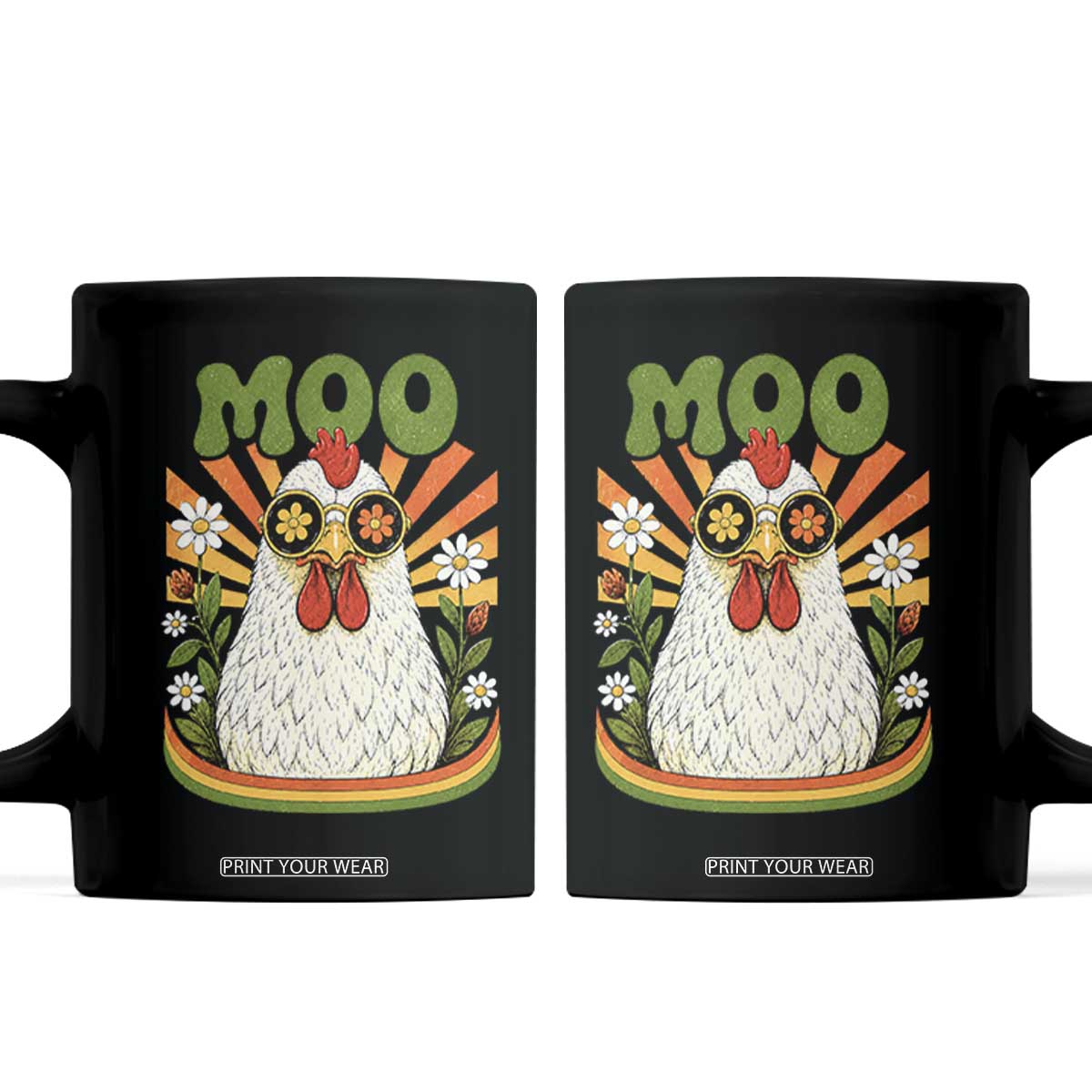 Retro Moo Chicken Wearing Sunglasses Graphic Coffee Mug Funny Groovy Farm Animal Pun Vintage Sunburst