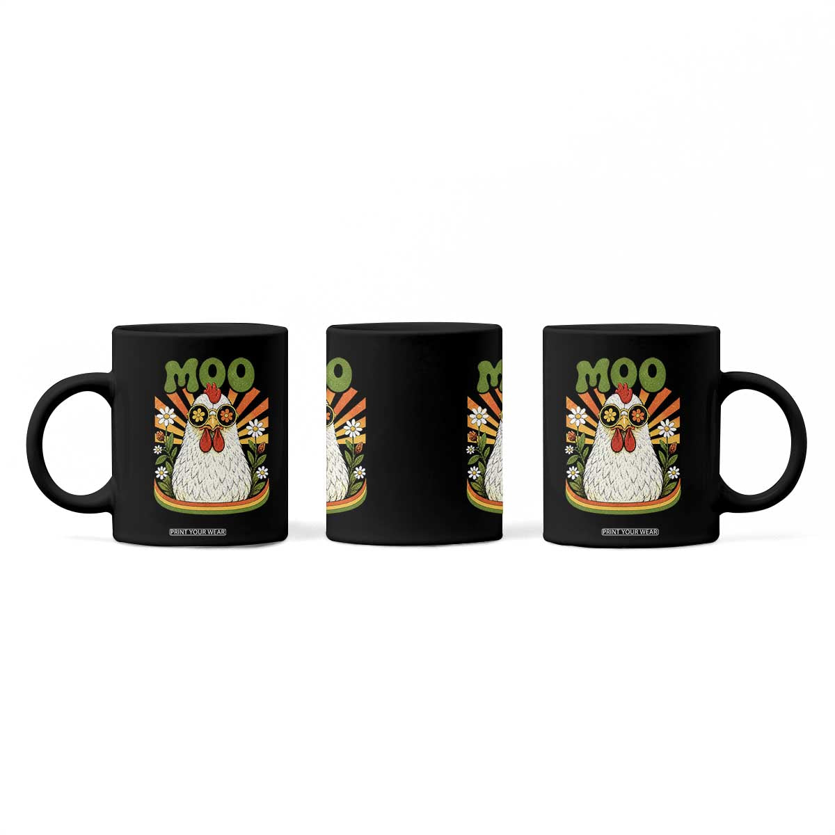 Retro Moo Chicken Wearing Sunglasses Graphic Coffee Mug Funny Groovy Farm Animal Pun Vintage Sunburst TS02 Print Your Wear
