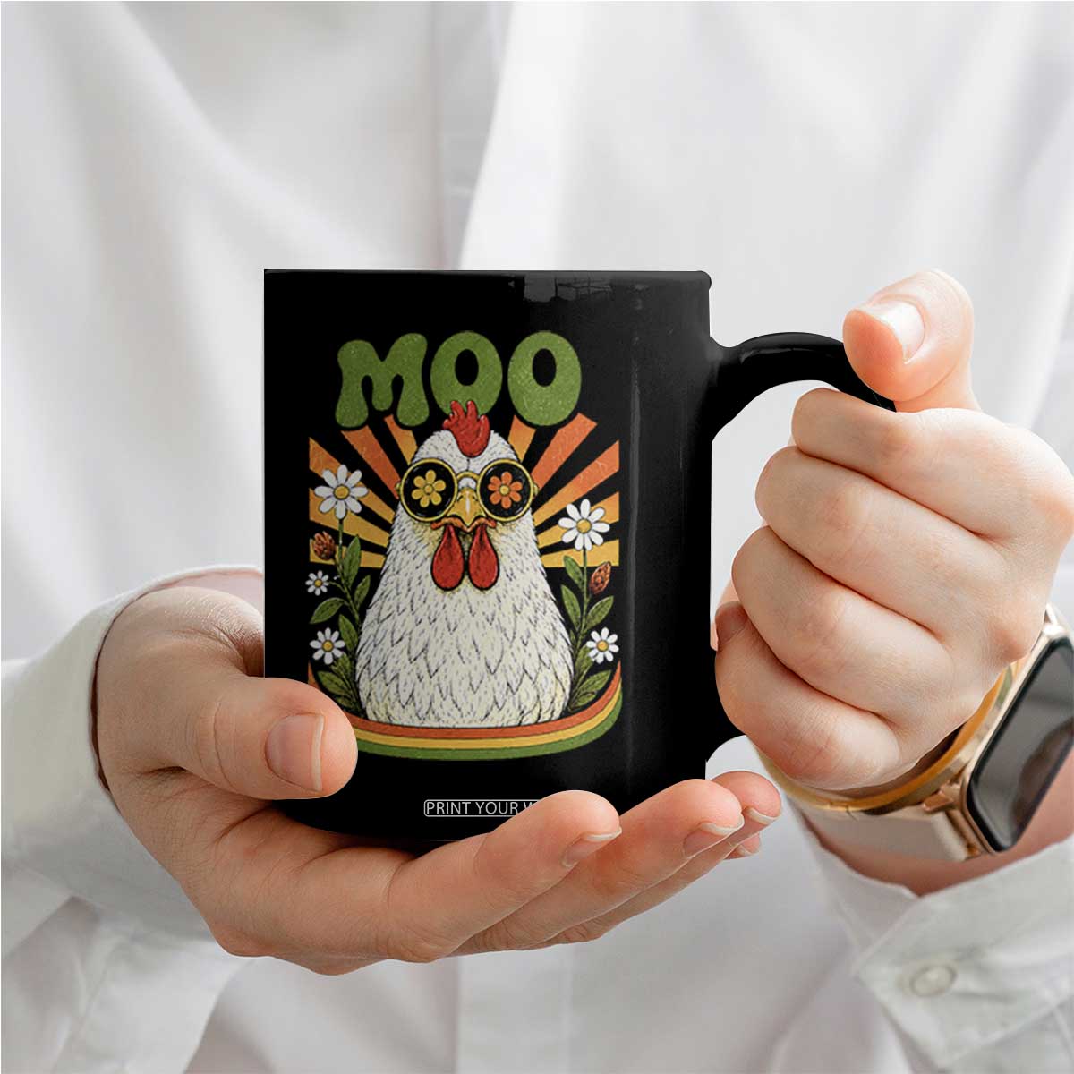 Retro Moo Chicken Wearing Sunglasses Graphic Coffee Mug Funny Groovy Farm Animal Pun Vintage Sunburst TS02 Print Your Wear