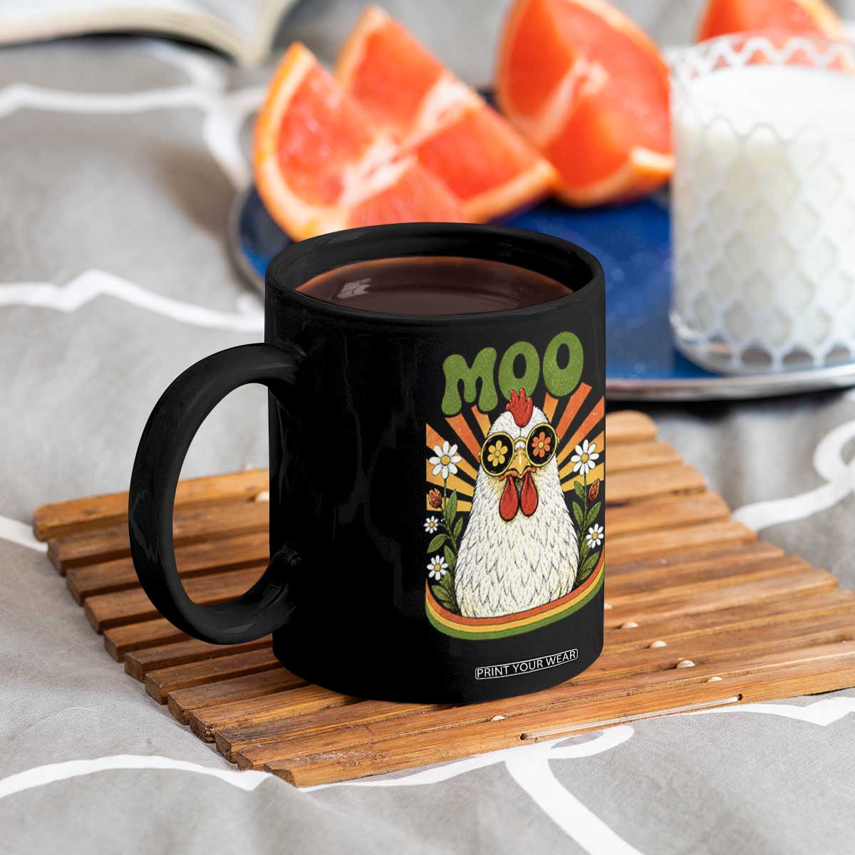 Retro Moo Chicken Wearing Sunglasses Graphic Coffee Mug Funny Groovy Farm Animal Pun Vintage Sunburst TS02 Print Your Wear