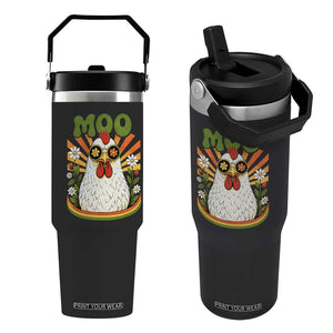 Retro Moo Chicken Wearing Sunglasses Graphic Flip Straw Tumbler Funny Groovy Farm Animal Pun Vintage Sunburst