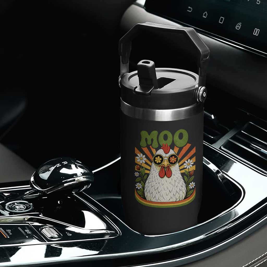Retro Moo Chicken Wearing Sunglasses Graphic Flip Straw Tumbler Funny Groovy Farm Animal Pun Vintage Sunburst