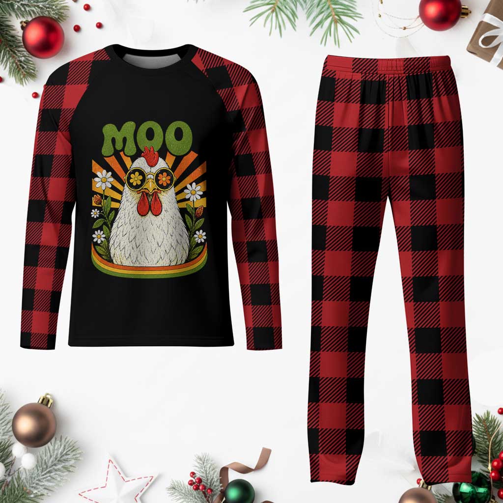 Retro Moo Chicken Wearing Sunglasses Graphic Plaid Pajama Set Funny Groovy Farm Animal Pun Vintage Sunburst TS02 Buffalo Plaid Print Your Wear