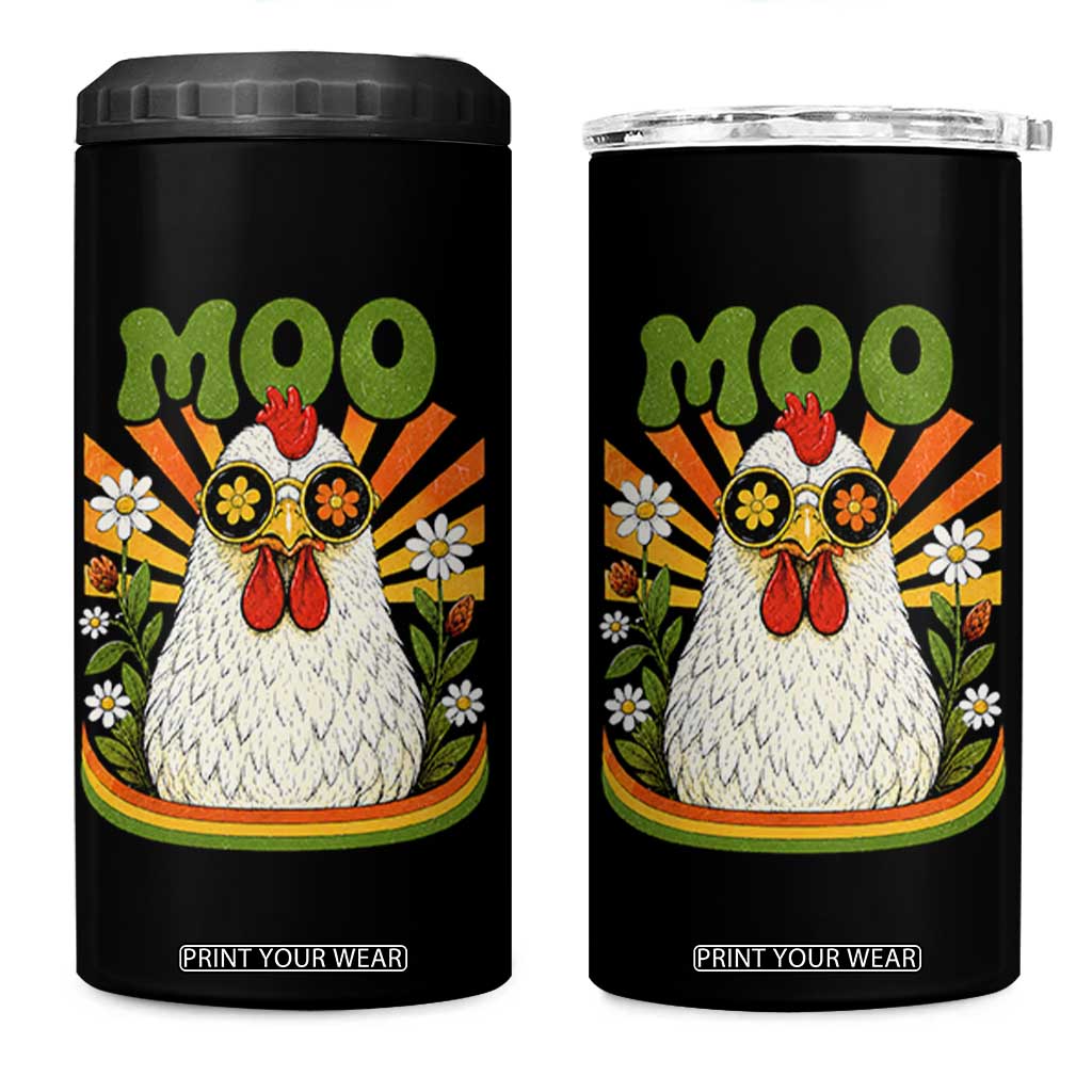 Retro Moo Chicken Wearing Sunglasses Graphic 4 in 1 Can Cooler Tumbler Funny Groovy Farm Animal Pun Vintage Sunburst TS02 One Size: 16 oz Black Print Your Wear