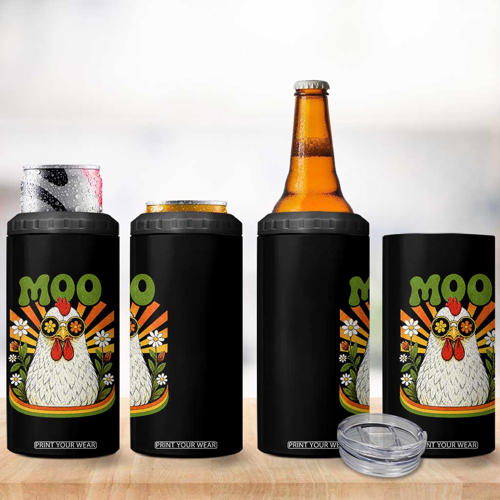 Retro Moo Chicken Wearing Sunglasses Graphic 4 in 1 Can Cooler Tumbler Funny Groovy Farm Animal Pun Vintage Sunburst TS02 Print Your Wear