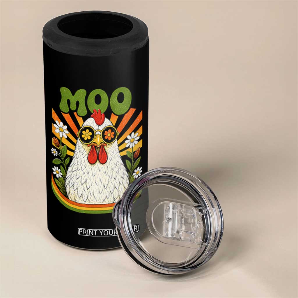 Retro Moo Chicken Wearing Sunglasses Graphic 4 in 1 Can Cooler Tumbler Funny Groovy Farm Animal Pun Vintage Sunburst TS02 Print Your Wear