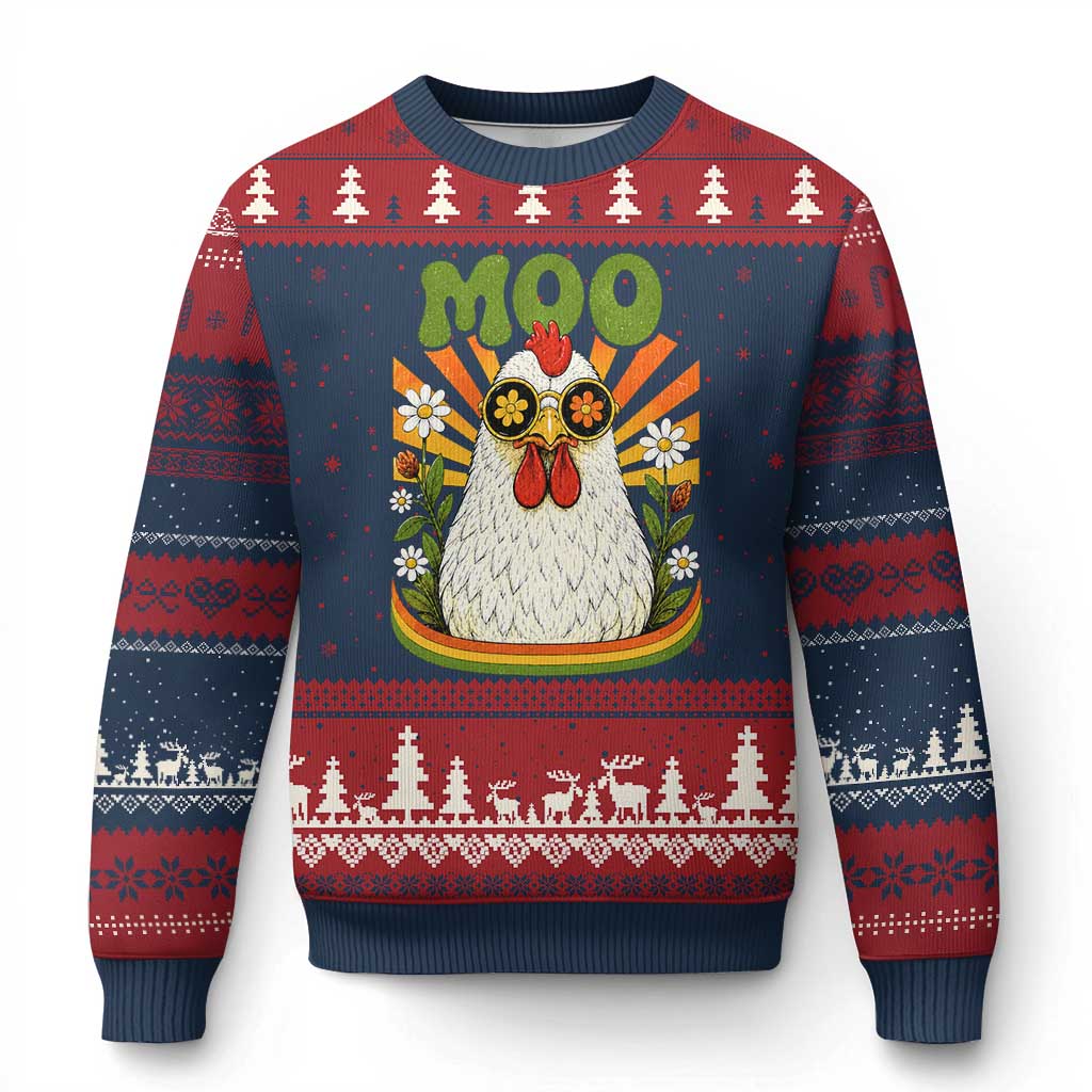 Retro Moo Chicken Wearing Sunglasses Graphic Ugly Christmas Sweater Funny Groovy Farm Animal Pun Vintage Sunburst TS02 Navy Red Print Your Wear