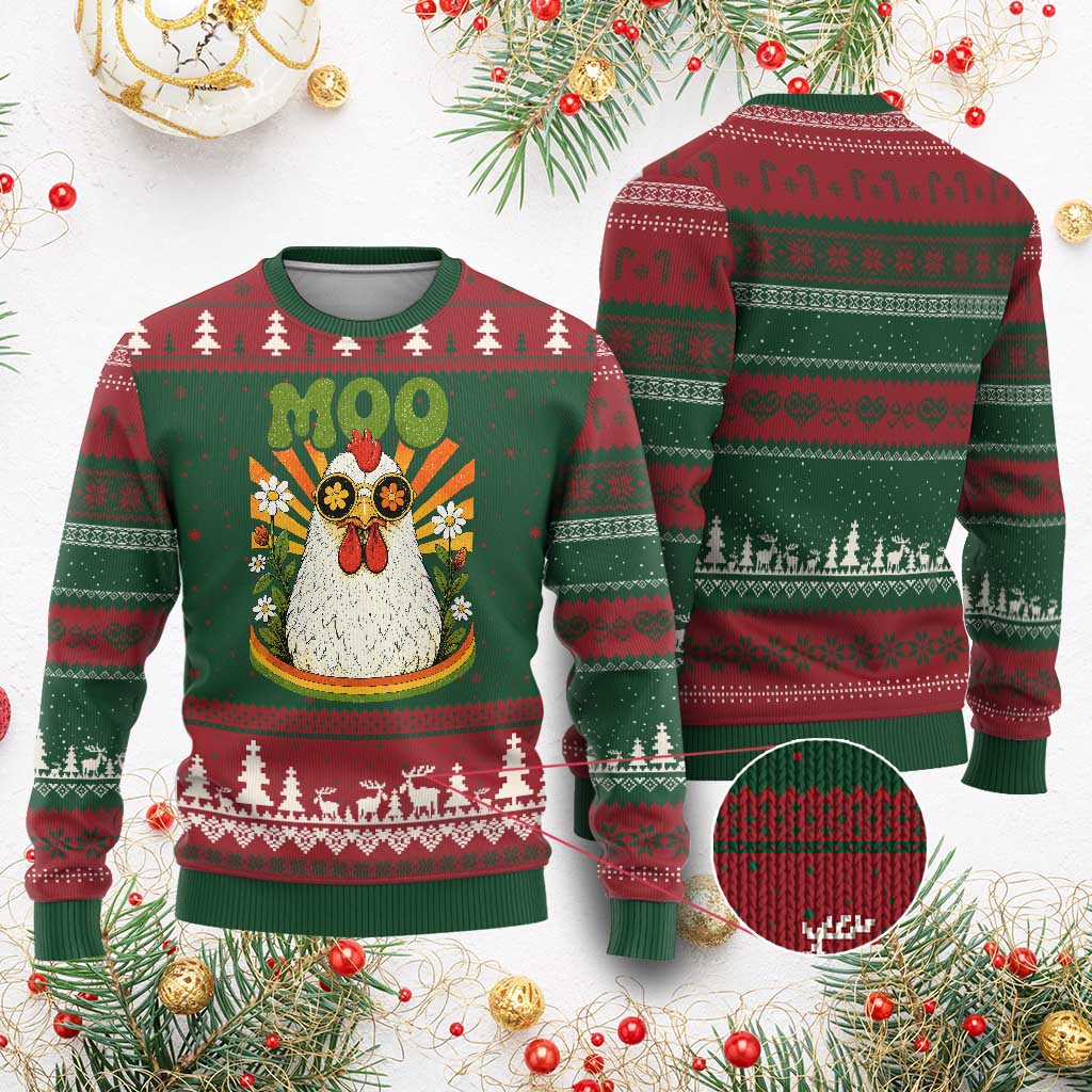 Retro Moo Chicken Wearing Sunglasses Graphic Ugly Christmas Sweater Funny Groovy Farm Animal Pun Vintage Sunburst TS02 Red Green Print Your Wear