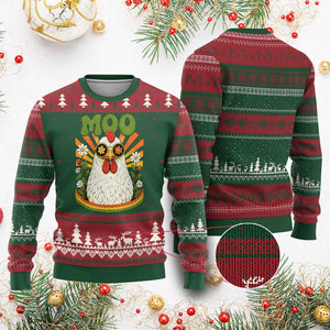 Retro Moo Chicken Wearing Sunglasses Graphic Ugly Christmas Sweater Funny Groovy Farm Animal Pun Vintage Sunburst TS02 Red Green Print Your Wear