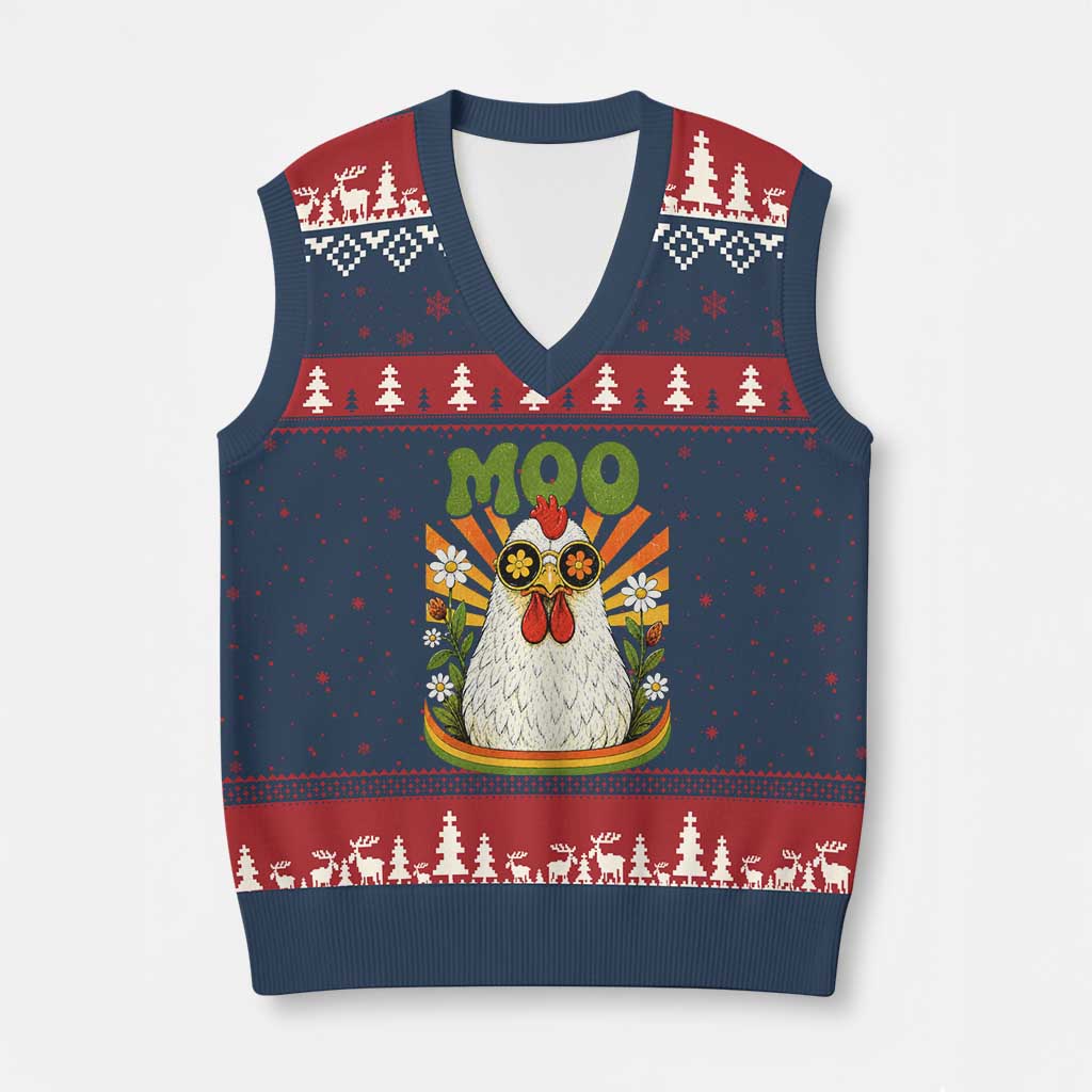 Retro Moo Chicken Wearing Sunglasses Graphic V-Neck Knit Sweater Vest Funny Groovy Farm Animal Pun Vintage Sunburst TS02 Navy Red Print Your Wear