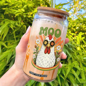 Retro Moo Chicken Wearing Sunglasses Graphic Glass Can Funny Groovy Farm Animal Pun Vintage Sunburst TS02 Black Print Your Wear