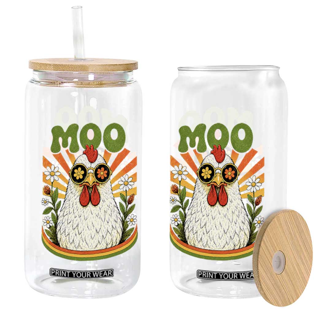 Retro Moo Chicken Wearing Sunglasses Graphic Glass Can Funny Groovy Farm Animal Pun Vintage Sunburst TS02 Print Your Wear