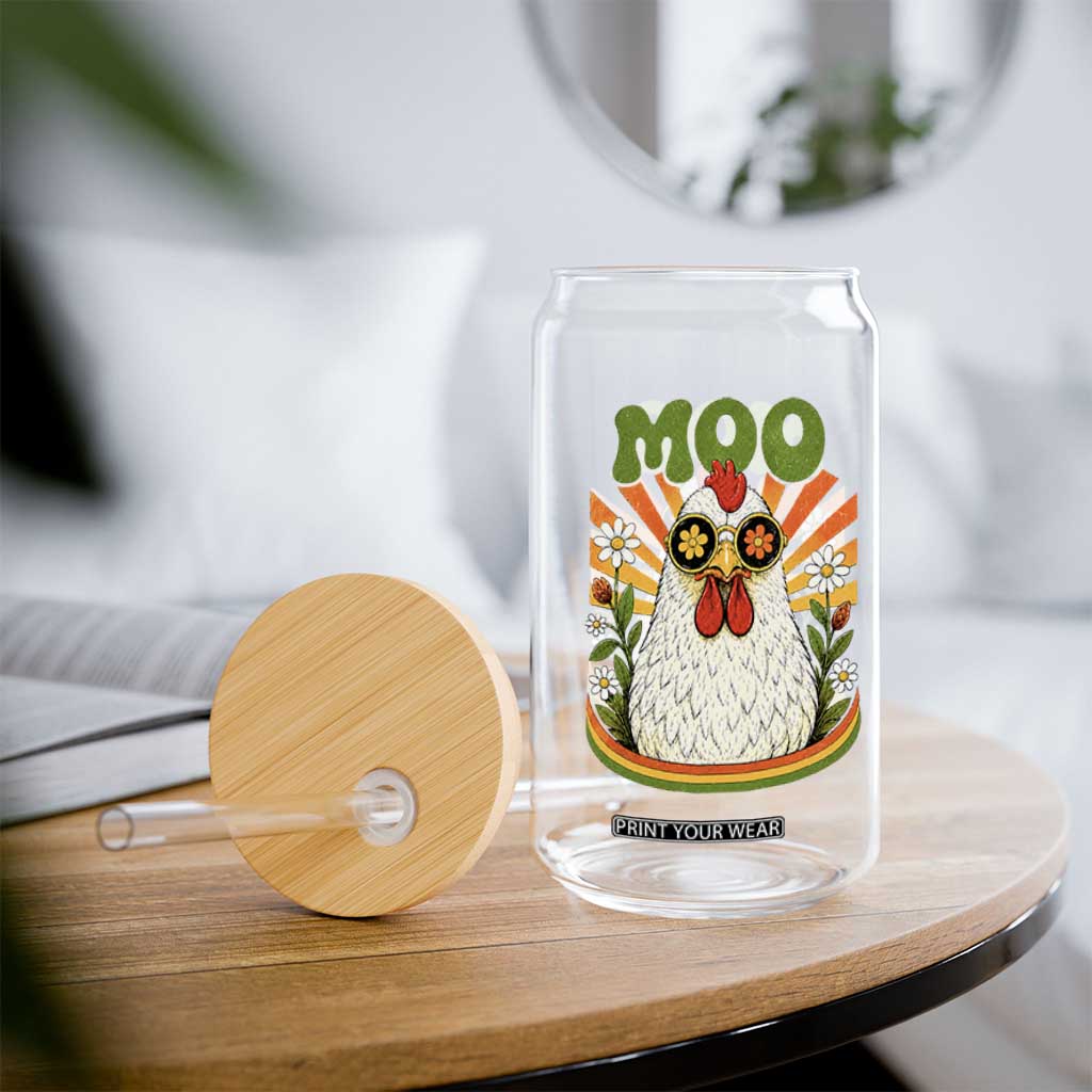 Retro Moo Chicken Wearing Sunglasses Graphic Glass Can Funny Groovy Farm Animal Pun Vintage Sunburst TS02 Print Your Wear
