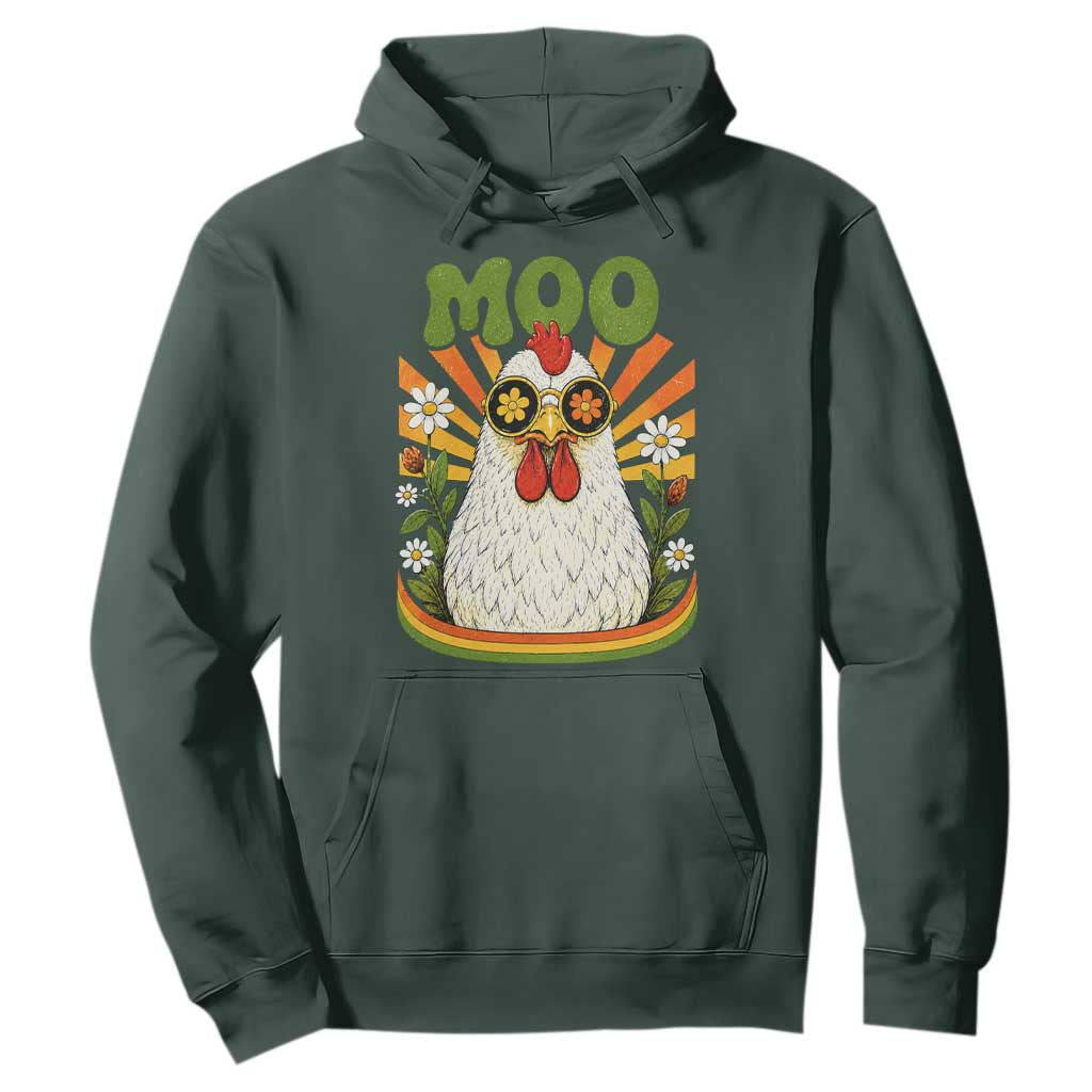 Retro Moo Chicken Wearing Sunglasses Graphic Hoodie Funny Groovy Farm Animal Pun Vintage Sunburst TS02 Dark Forest Green Print Your Wear
