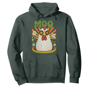Retro Moo Chicken Wearing Sunglasses Graphic Hoodie Funny Groovy Farm Animal Pun Vintage Sunburst TS02 Dark Forest Green Print Your Wear