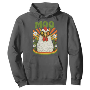 Retro Moo Chicken Wearing Sunglasses Graphic Hoodie Funny Groovy Farm Animal Pun Vintage Sunburst TS02 Dark Heather Print Your Wear