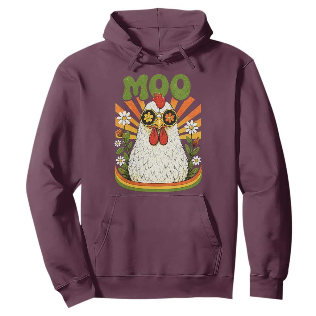 Retro Moo Chicken Wearing Sunglasses Graphic Hoodie Funny Groovy Farm Animal Pun Vintage Sunburst TS02 Maroon Print Your Wear