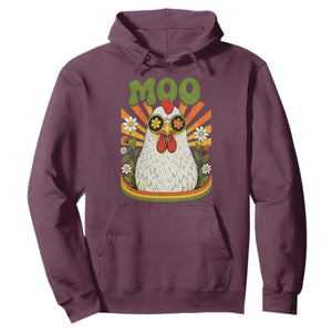 Retro Moo Chicken Wearing Sunglasses Graphic Hoodie Funny Groovy Farm Animal Pun Vintage Sunburst TS02 Maroon Print Your Wear