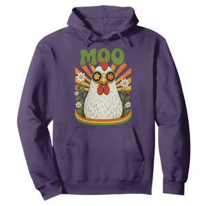 Retro Moo Chicken Wearing Sunglasses Graphic Hoodie Funny Groovy Farm Animal Pun Vintage Sunburst TS02 Purple Print Your Wear