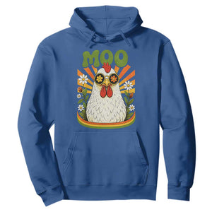 Retro Moo Chicken Wearing Sunglasses Graphic Hoodie Funny Groovy Farm Animal Pun Vintage Sunburst TS02 Royal Blue Print Your Wear