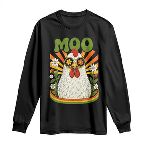 Retro Moo Chicken Wearing Sunglasses Graphic Long Sleeve Shirt Funny Groovy Farm Animal Pun Vintage Sunburst TS02 Black Print Your Wear