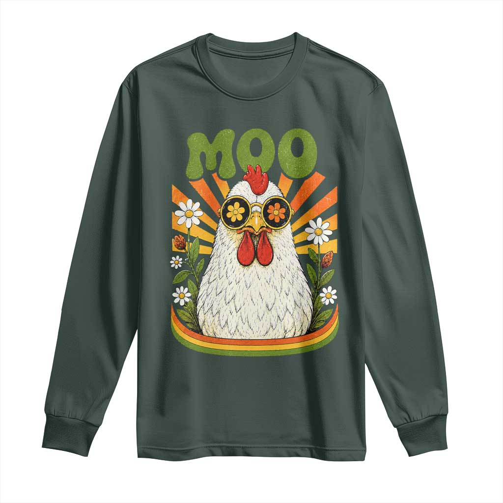 Retro Moo Chicken Wearing Sunglasses Graphic Long Sleeve Shirt Funny Groovy Farm Animal Pun Vintage Sunburst TS02 Dark Forest Green Print Your Wear