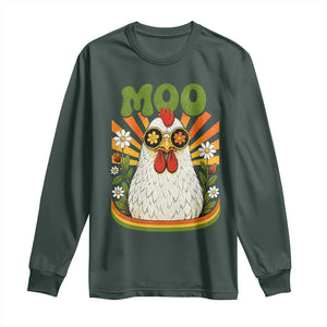 Retro Moo Chicken Wearing Sunglasses Graphic Long Sleeve Shirt Funny Groovy Farm Animal Pun Vintage Sunburst TS02 Dark Forest Green Print Your Wear