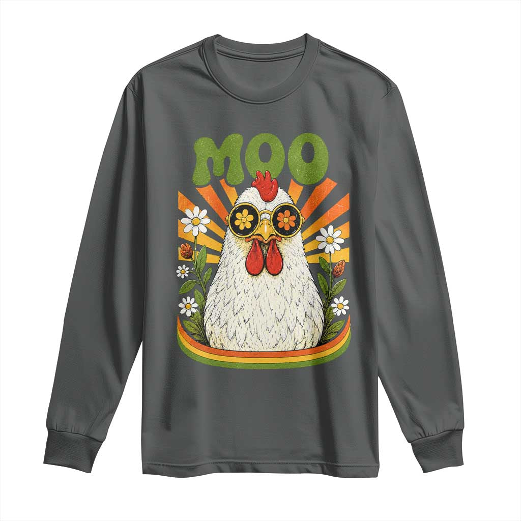 Retro Moo Chicken Wearing Sunglasses Graphic Long Sleeve Shirt Funny Groovy Farm Animal Pun Vintage Sunburst TS02 Dark Heather Print Your Wear