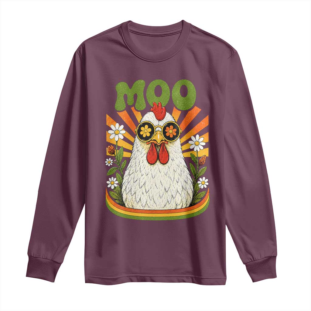 Retro Moo Chicken Wearing Sunglasses Graphic Long Sleeve Shirt Funny Groovy Farm Animal Pun Vintage Sunburst TS02 Maroon Print Your Wear