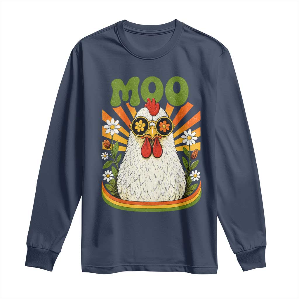 Retro Moo Chicken Wearing Sunglasses Graphic Long Sleeve Shirt Funny Groovy Farm Animal Pun Vintage Sunburst TS02 Navy Print Your Wear
