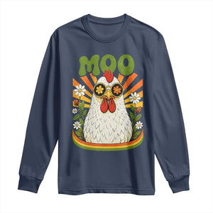 Retro Moo Chicken Wearing Sunglasses Graphic Long Sleeve Shirt Funny Groovy Farm Animal Pun Vintage Sunburst TS02 Navy Print Your Wear