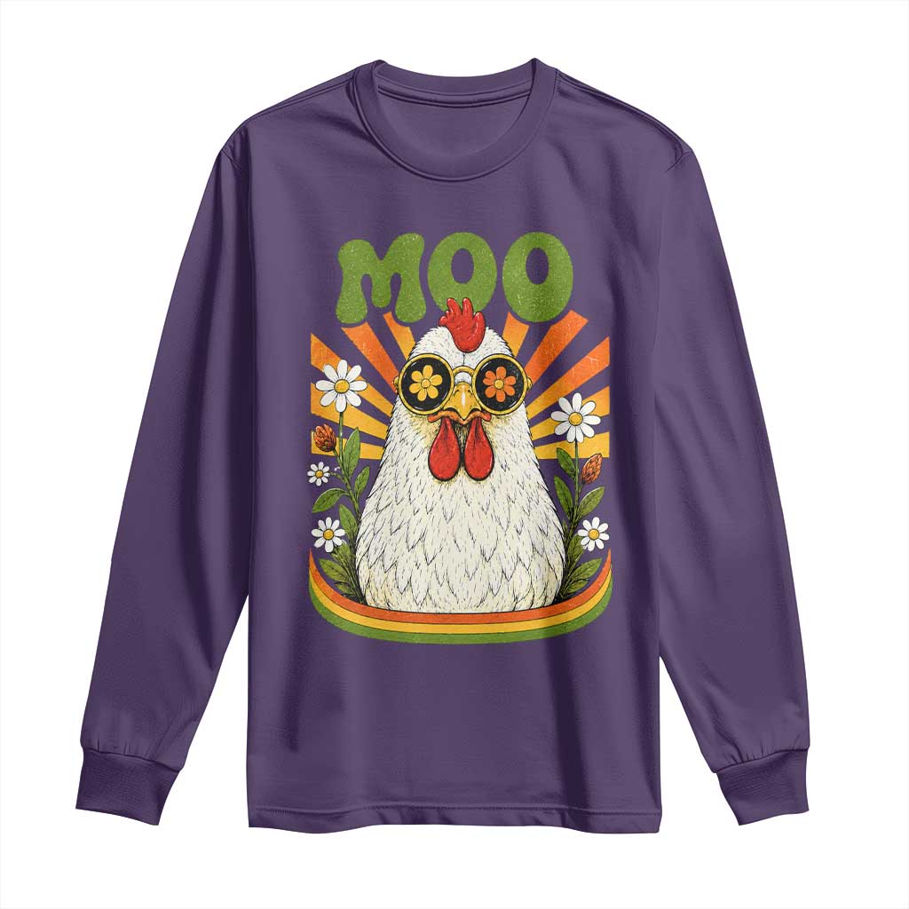 Retro Moo Chicken Wearing Sunglasses Graphic Long Sleeve Shirt Funny Groovy Farm Animal Pun Vintage Sunburst TS02 Purple Print Your Wear