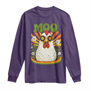 Retro Moo Chicken Wearing Sunglasses Graphic Long Sleeve Shirt Funny Groovy Farm Animal Pun Vintage Sunburst TS02 Purple Print Your Wear