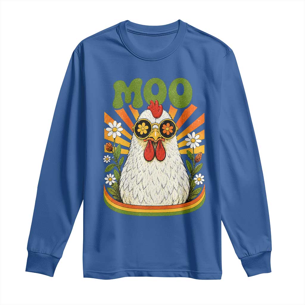 Retro Moo Chicken Wearing Sunglasses Graphic Long Sleeve Shirt Funny Groovy Farm Animal Pun Vintage Sunburst TS02 Royal Blue Print Your Wear