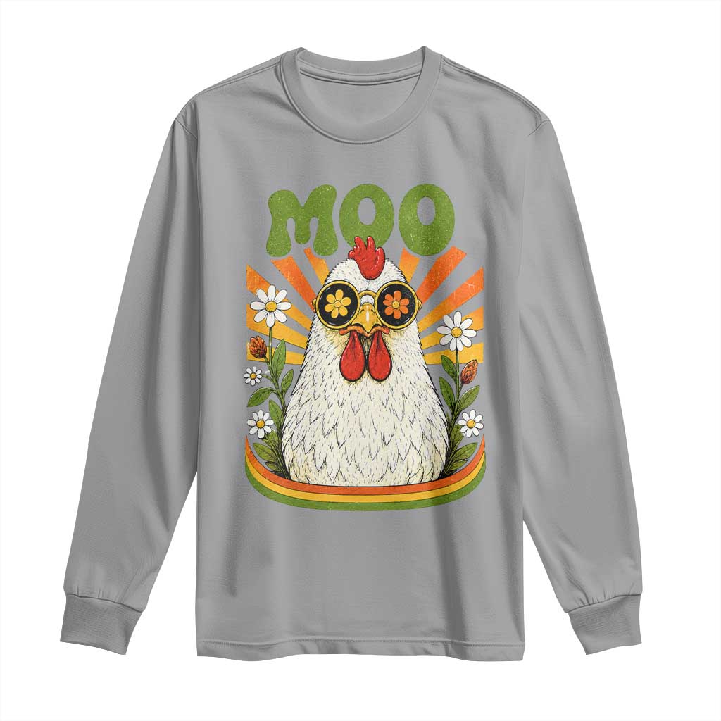 Retro Moo Chicken Wearing Sunglasses Graphic Long Sleeve Shirt Funny Groovy Farm Animal Pun Vintage Sunburst TS02 Sport Gray Print Your Wear