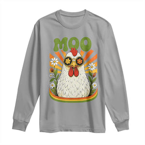 Retro Moo Chicken Wearing Sunglasses Graphic Long Sleeve Shirt Funny Groovy Farm Animal Pun Vintage Sunburst TS02 Sport Gray Print Your Wear