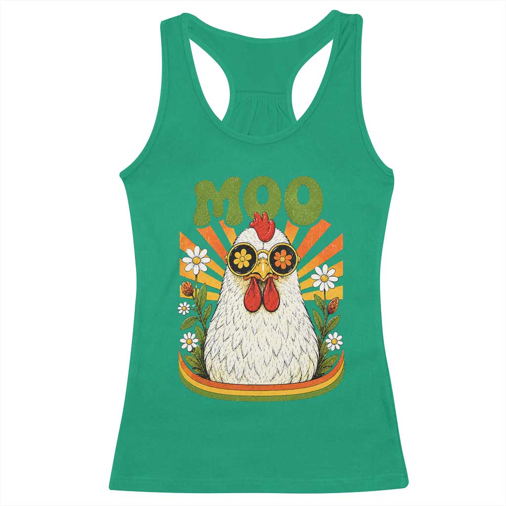 Retro Moo Chicken Wearing Sunglasses Graphic Racerback Tank Top Funny Groovy Farm Animal Pun Vintage Sunburst TS02 Irish Green Print Your Wear