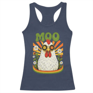 Retro Moo Chicken Wearing Sunglasses Graphic Racerback Tank Top Funny Groovy Farm Animal Pun Vintage Sunburst TS02 Navy Print Your Wear