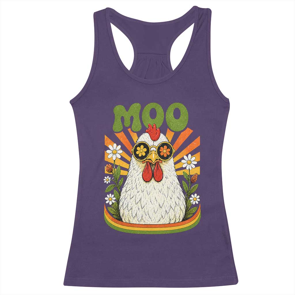 Retro Moo Chicken Wearing Sunglasses Graphic Racerback Tank Top Funny Groovy Farm Animal Pun Vintage Sunburst TS02 Purple Print Your Wear