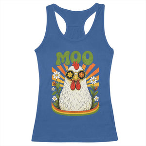 Retro Moo Chicken Wearing Sunglasses Graphic Racerback Tank Top Funny Groovy Farm Animal Pun Vintage Sunburst TS02 Royal Blue Print Your Wear