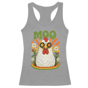 Retro Moo Chicken Wearing Sunglasses Graphic Racerback Tank Top Funny Groovy Farm Animal Pun Vintage Sunburst TS02 Sport Gray Print Your Wear